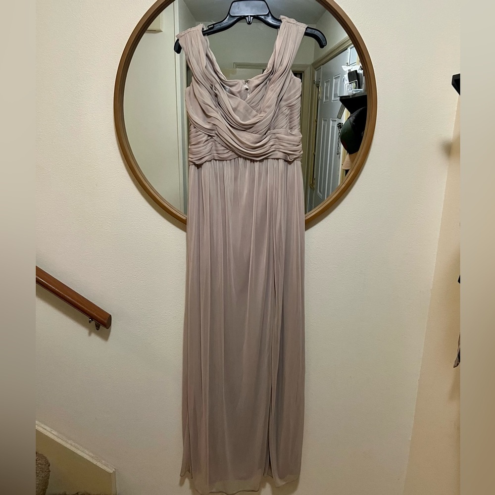 David’s bridal crisscross off-the-shoulder mesh bridesmaid dress in biscotti
